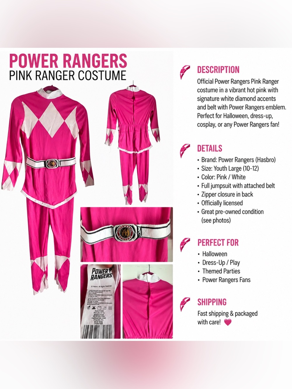 💗 Pink Power Rangers Costume Youth Large 10–12 Hasbro Halloween